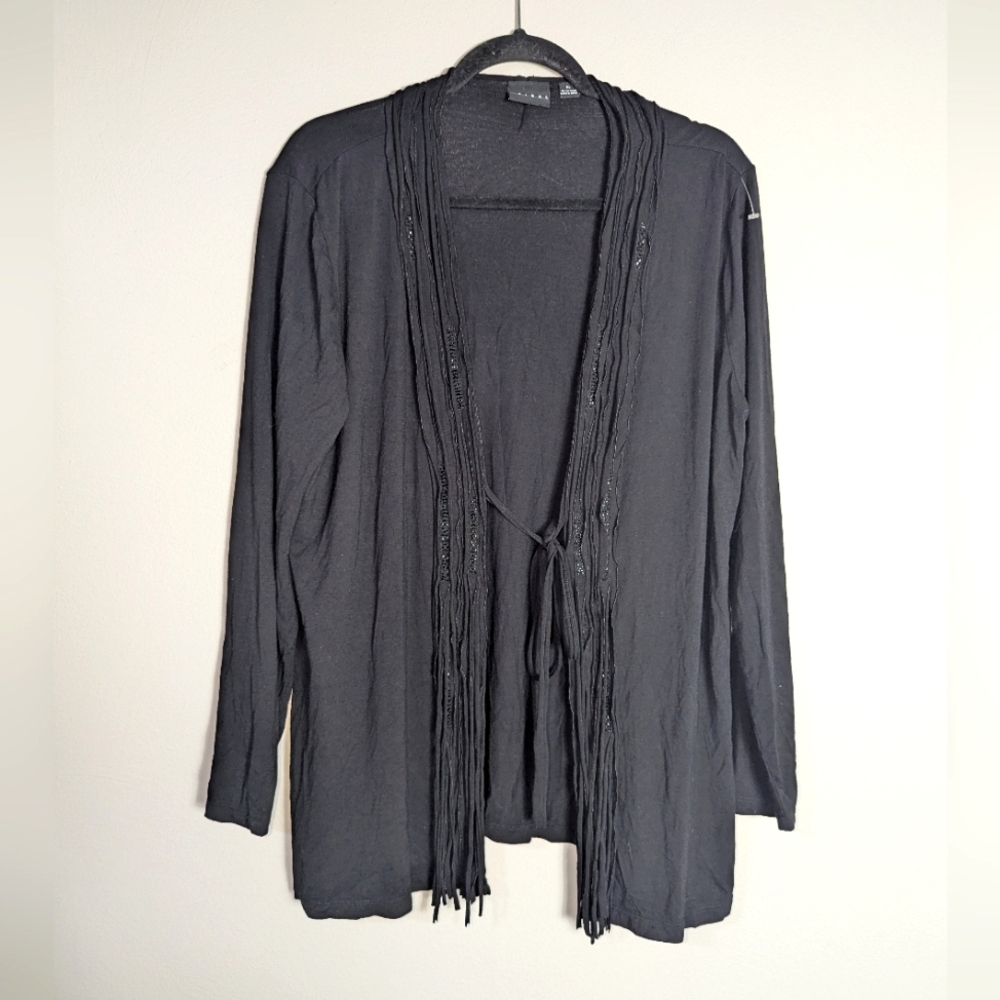 XL‎ Tribal Black Fringe Embellished Open Front Cardigan